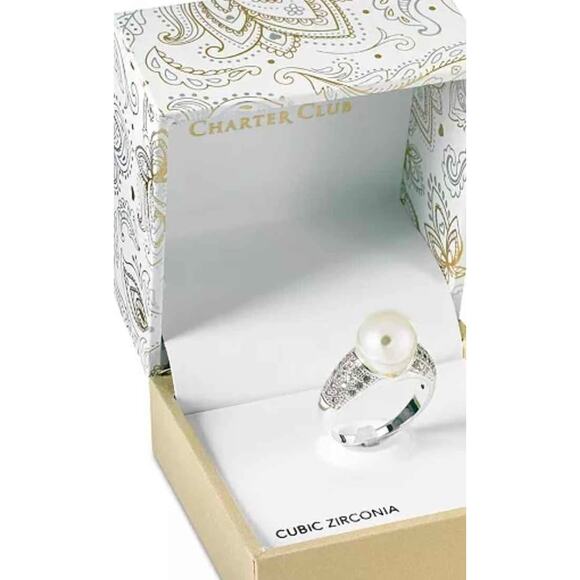 NEW Silver Plate Pave Cubic Zirconia Band w/ Oversized Pearl Size 10 - Picture 4 of 6